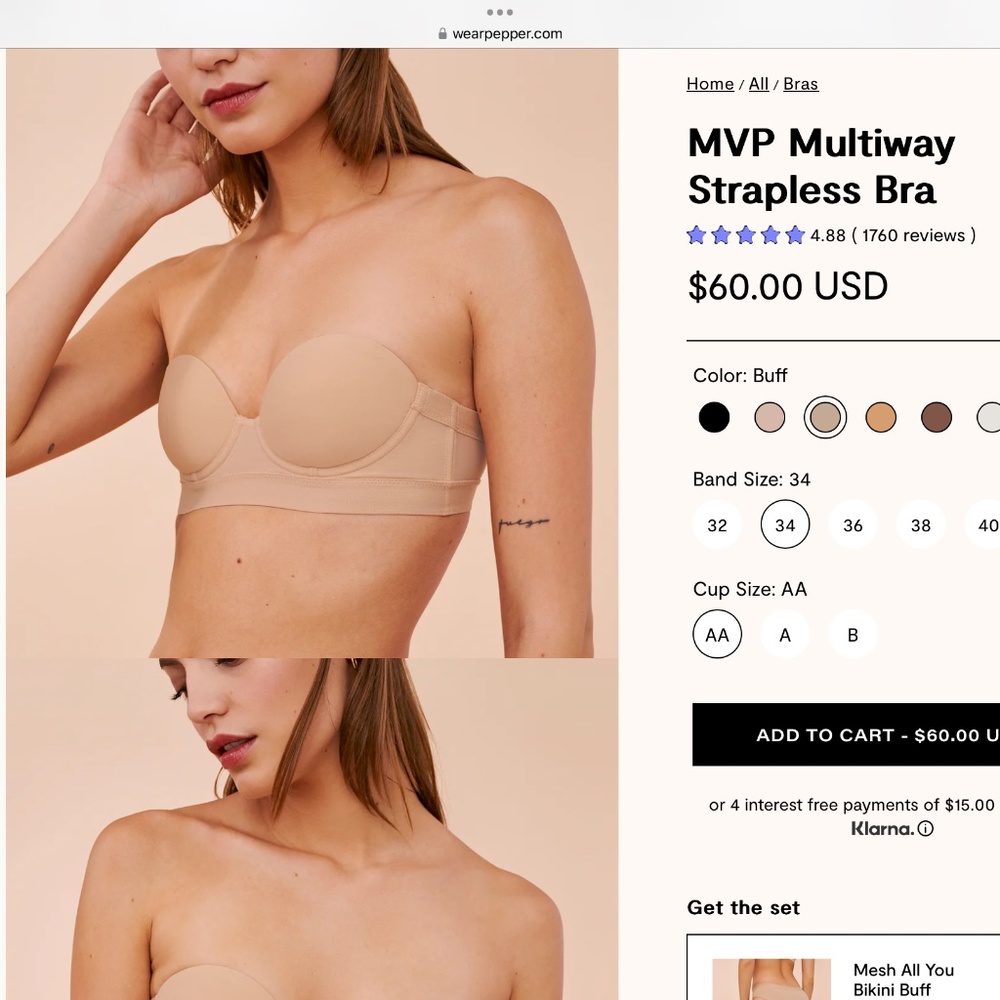 Pepper MVP Multi-way strapless bra 34AA NWOT